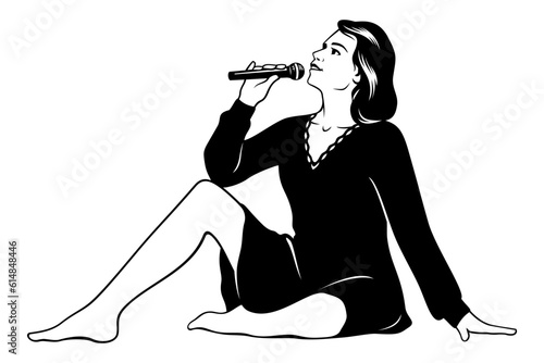 A Barefoot Singer Woman Sitting on a floor, or piano, or table, or something else. Stencil silhouette. Vector clipart isolated on white.