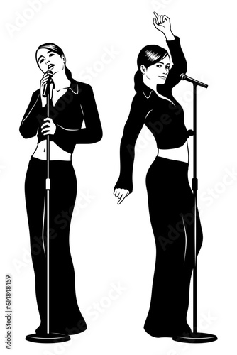Silhouette of a singers women duet. Vector clipart isolated on white.