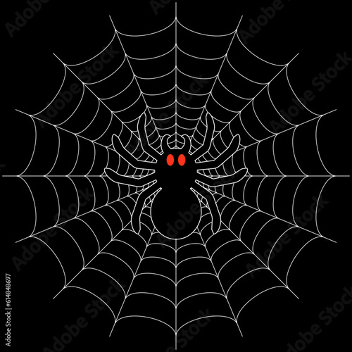Black big scary spider sitting center of web. Spooky Halloween decoration element for your design. Silhouette of a tarantula spider. Animal clipart vector design illustration.