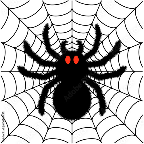 Black big scary spider sitting center of web. Spooky Halloween decoration element for your design. Silhouette of a tarantula spider. Animal clipart vector design illustration.