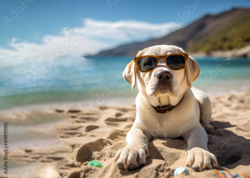 labrador dog on beach against sea or ocean sunny summer day.animal pet wearing sunglasses generative ai