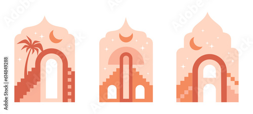 Islamic windows. Oriental muslim frames with mosque, palm trees and arabian night views flat vector illustration set