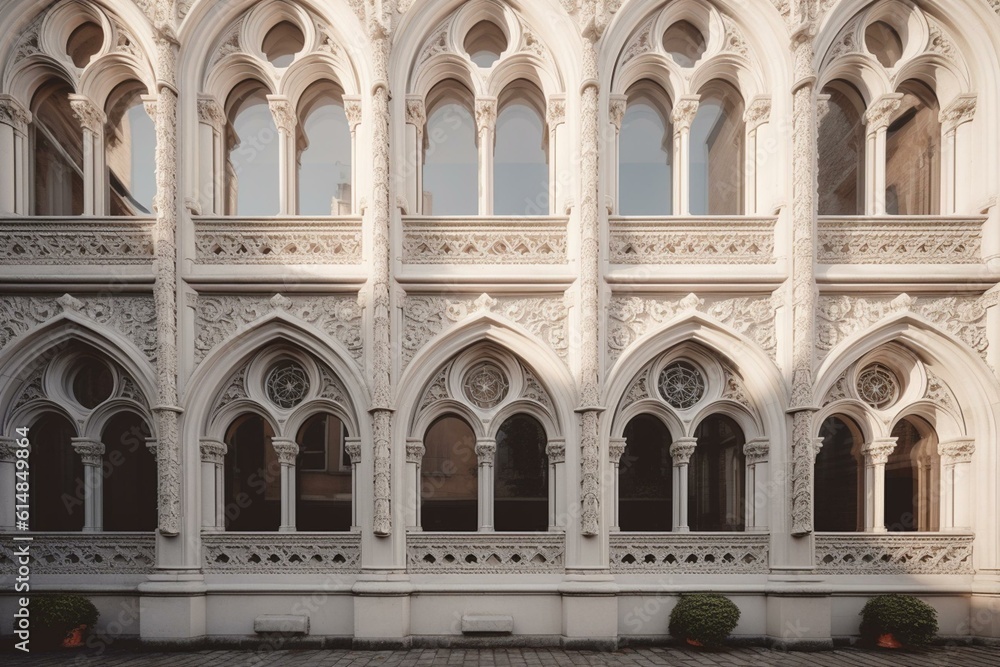 Lovely frontage featuring arches and white frames. Generative AI