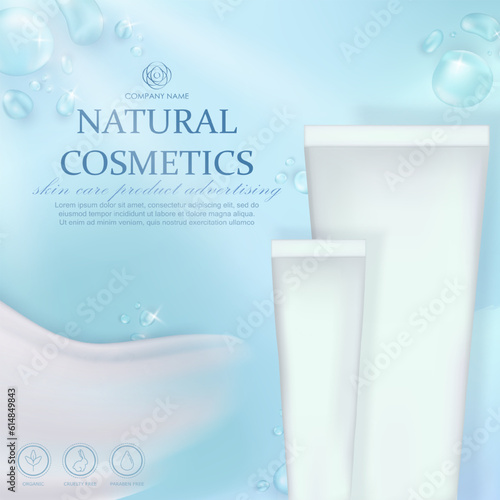 Square ad banner with cosmetic skin care or spa product in matte tubes. Soft blue aqua advertising poster with realistic white cream smear, water drops and moisturizer packages with light effect