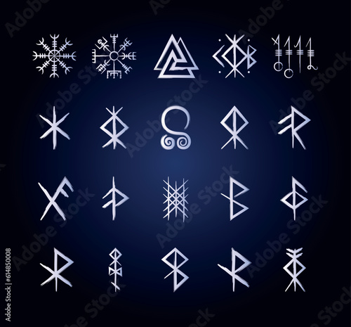Full editable collection of norse symbols with meanings like protection, love, healing, safe travelling, compass, good luck, brave or courage and more.