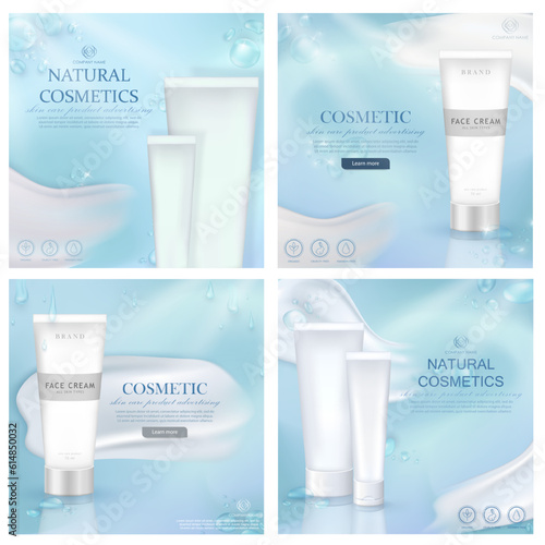 Template of 4 ad banners with cosmetic skin care or spa product in tubes. Square blue aqua advertising poster with realistic white cream smear, water drops and moisturizer packages with light effect