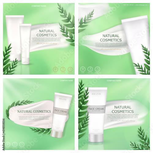 Collection of 4 cosmetic product advertisement with cream smear, fresh leaves and white package of natural facial or body cream on green background. Organic skincare promotion square post banners