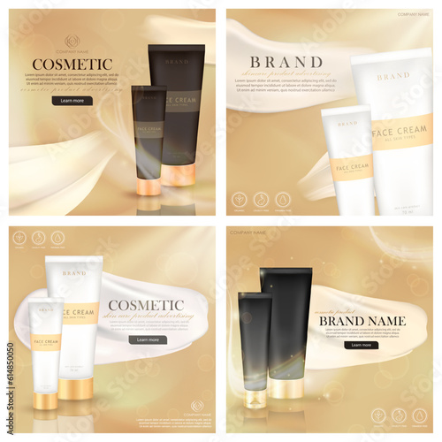 Set of 4 square cosmetic ad banners template of luxury skin care product in matte packaging. Promotion or advertising golden posters with cream smear, light beams and realistic cream tube mock up