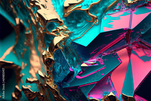 Abstract background with free 3D golden shapes, flowing and melting in surreal motion. Soft splashing abstract forms background with blue and purple crystal inclusion. Generated AI.