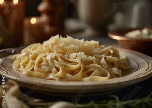 Fettuccine Alfredo showing the creamy texture of the sauce on a vintage plate