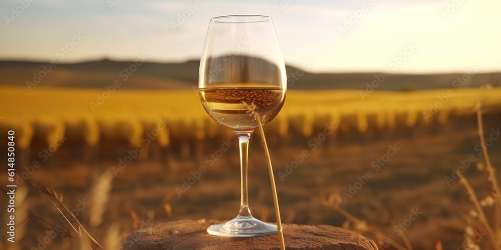 Obraz premium AI Generated. AI Generative. Glass of wine before field vineyard. Alcohol beverage vibe. Graphic Art