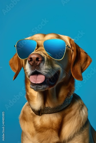 dog with sunglasses on a blue background