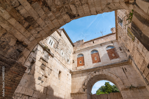 Ancient architecture of Diocletian's palace Golden Gate in old town of Split, Croatia. 