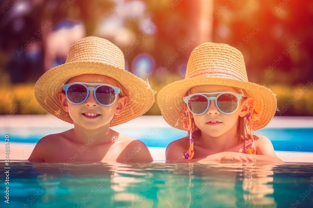 happy cute kids in sunglasses at pool. Summer Vacation Fun. Generative AI. 