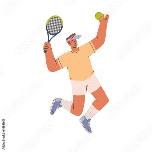 Jumping young man pitching tennis ball flat style, vector illustration
