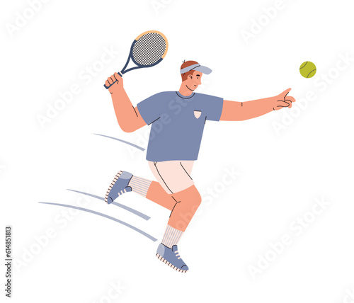 Vector illustration of Tennis player man with racket hits the ball in doodle disproportionate characters isolated on white background