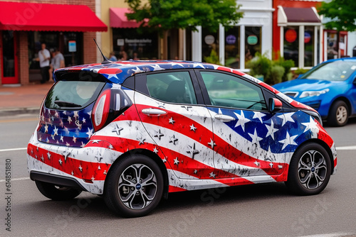 City car on the street of a big city. USA flag. Concept.