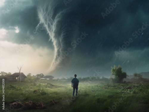 A man stands on green grass and looks at a tornado approaching him. Around broken trees and branches.