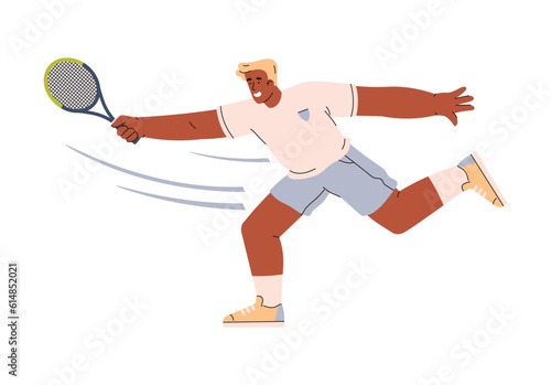 Vector isolated illustration of Tennis player dark skinned man in a hurry to catch and hit the ball with a racket