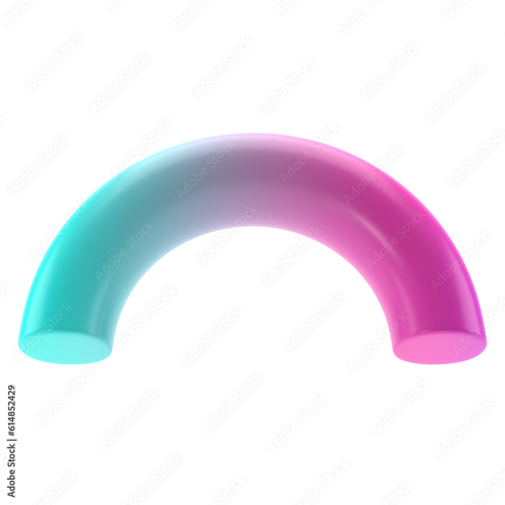 3d dimensional shape semidonut geometric metal. Realistic glossy turquoise and lilac gradient luxury template decorative design illustration. Minimalist bright semi donut mockup isolated transparent p