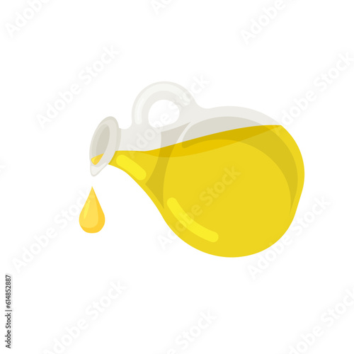 Olive oil is dropping from the glass bottle. Design element for menu, label, packaging isolated on white backgound. Vector illustration.