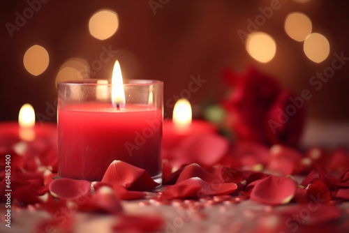 Romantic Ambiance  Red candles and rose petals setting a romantic mood Generative AI