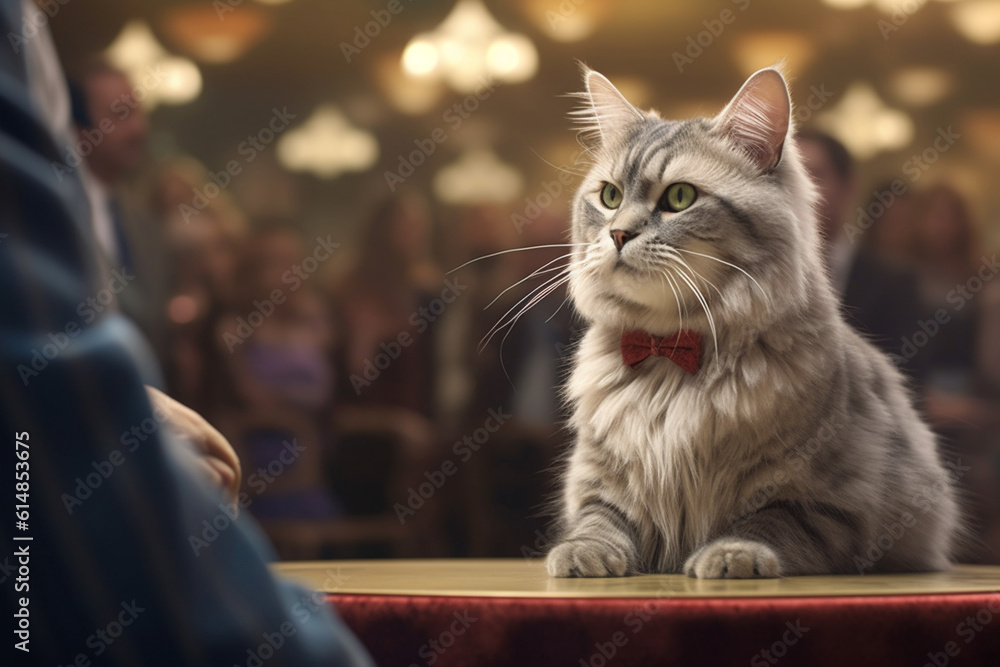 A wellgroomed show cat being admired by a judge in a cat show