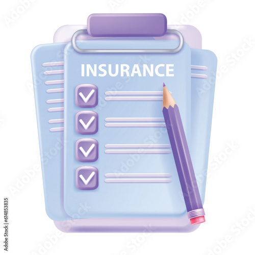 3D insurance icon, vector medical travel life policy, clipboard check mark secure hospital document. Personal emergency protection concept, urgent healthcare agreement. 3D insurance illustration