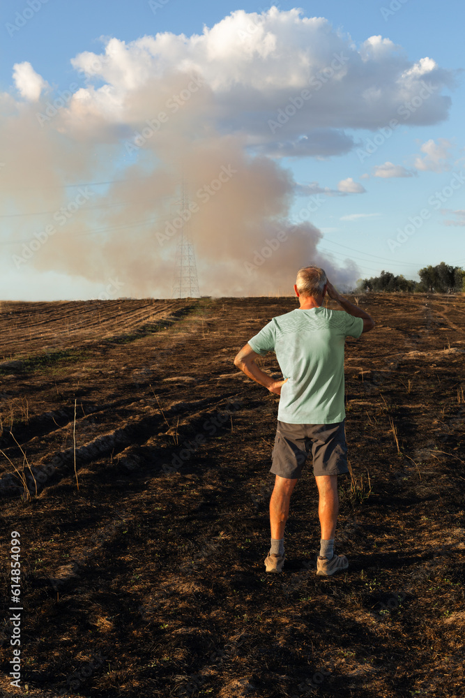 A man with his back turned looks concerned at his burnt field after the fire. He is placed to the right of the image. Vertical. A man with his back turned looks concerned at his burnt field after the fire. He is placed to the right of the image. Vertical.