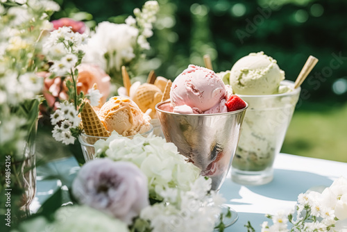 Ice cream desserts buffet table, event food catering for wedding, party and holiday celebration, ice creams and flowers decor in a floral countryside garden, generative ai