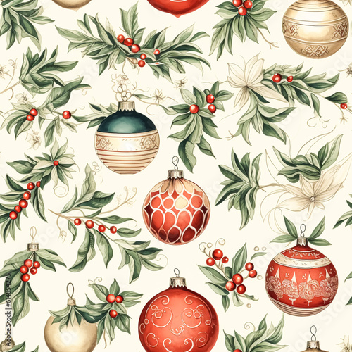 Christmas ornaments and decoration seamless pattern, holiday Christmas tree baubles, tileable country style print for wallpaper, wrapping paper, scrapbook, fabric and product design, generative ai