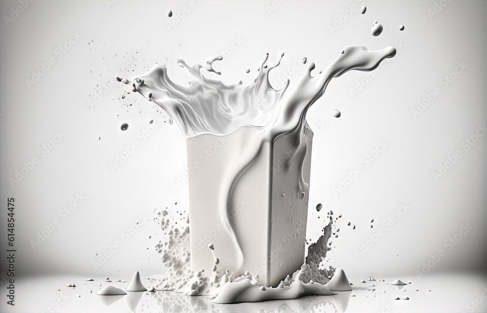 Milk splash with drops flying away. Splasj crown in the white milk. Generated AI.