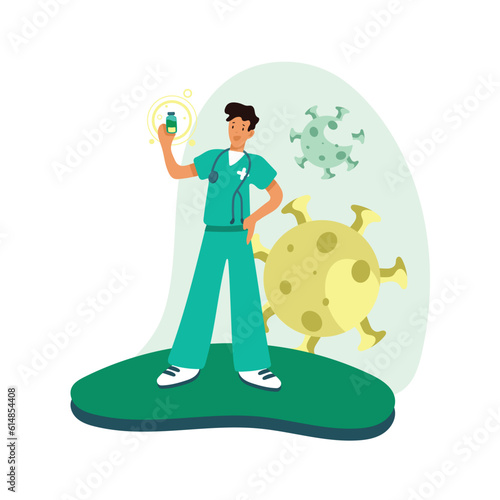 Cartoon male character making vaccine. Getting vaccinated against illness in hospital. Process of virus destruction. Boosting immune system health. Vector