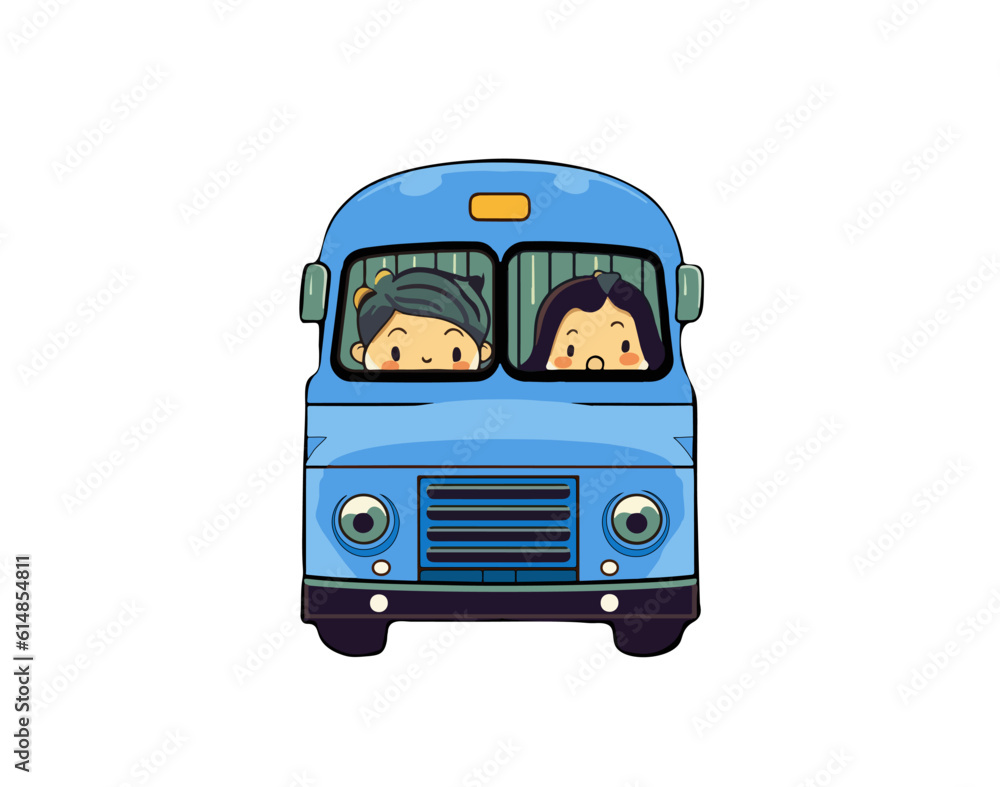 Cartoon school bus in blue. Front view. Vector illustration Cartoon school bus in blue. Front view. Vector illustration