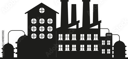 Factory, manufactury and plants vector. Oil refinery. Factory silhouette icons. Industrial warehouse.