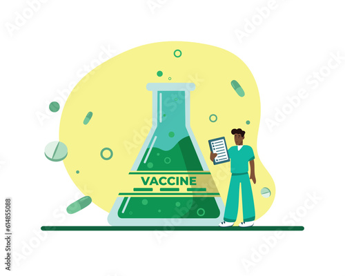 Cartoon african doctor experimenting with vaccine. Process of immunization against Covid 19. Human clinical trials vaccination shot. Protection from pandemic. Vector