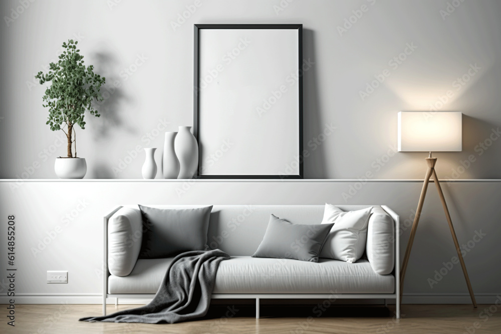 white blank frame with decoration trendy vase and plant, lamp with light and luxury sofa, pillows, wall, floor, using Generative Ai technologie white blank frame with decoration trendy vase and plant, lamp with light and luxury sofa, pillows, wall, floor, using Generative Ai technologie
