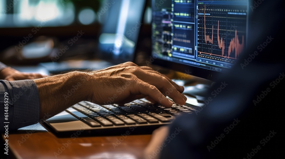 close-up of broker's hands doing trading with computer close-up of broker's hands doing trading with computer