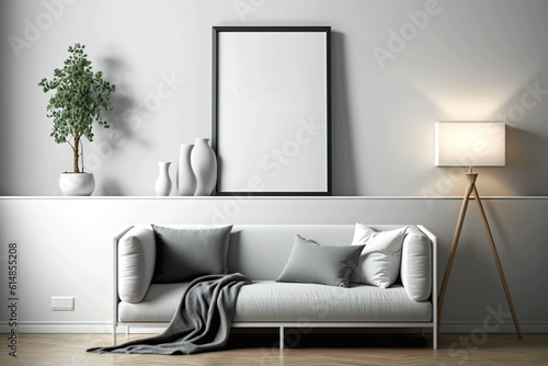 white blank frame with decoration trendy vase and plant  lamp with light and luxury sofa  pillows  wall  floor  using Generative Ai technologie