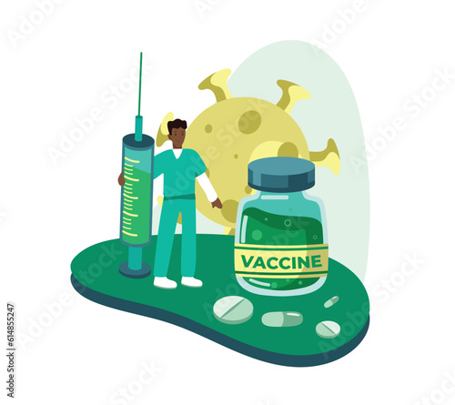 Handsome cartoon african male character making vaccine. Getting vaccinated against illness in hospital. Process of virus destruction. Boosting immune system health. Vector