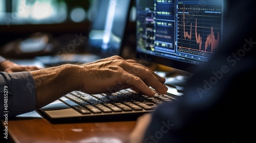 close-up of broker's hands doing trading with computer