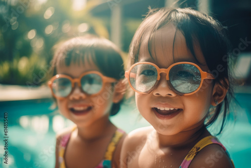 Portrait of Two Adorable Young girls in sunglasses at pool. Summer Vacation Fun. Generative AI. 