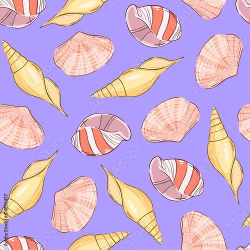 Lovely vintage seamless pattern with decorative various seashells. Seashells pattern on light blue background. Decorative pattern for design, fabric, printing, scrapbooking