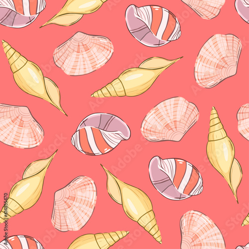Lovely beautiful seamless pattern with decorative various seashells. Seashells pattern on light pink background