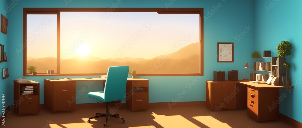 Isometric View of a Home office with cyan walls in Golden hour using Panoramic Photograph style Isometric View of a Home office with cyan walls in Golden hour using Panoramic Photograph style