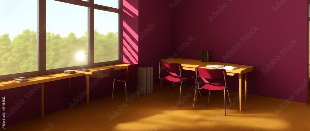 Isometric View of a Study room with maroon walls in Lens Flare using 50mm Photograph style Isometric View of a Study room with maroon walls in Lens Flare using 50mm Photograph style