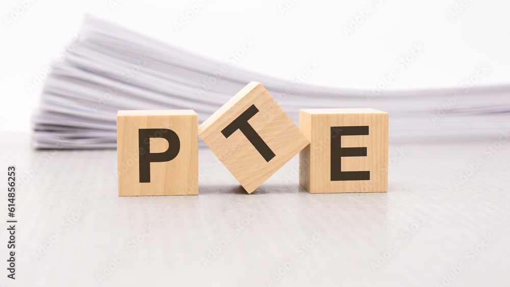 Obraz premium wooden block with text PTE - acronym - Pearson Tests of English. wooden blocks are on the paper white background, business concept. front view.