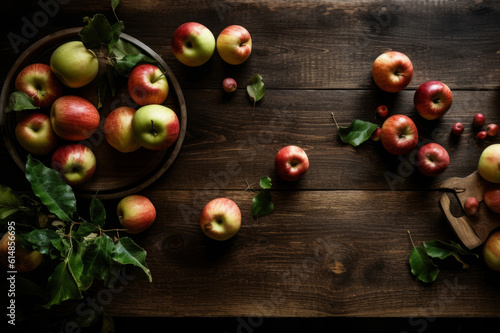 Fresh apples with green leaves on a rustic wooden table overhead  generative AI