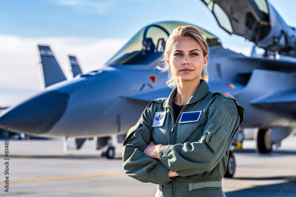Military fighter jet woman pilot portrait. Generative AI - obrazy, fototapety, plakaty 