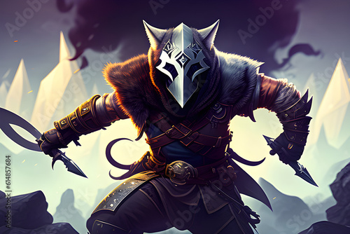 abstract illustration wallpaper of a rogue with wolf helmet, action pose, daggers in hands, mystical atmospere. generative ai photo